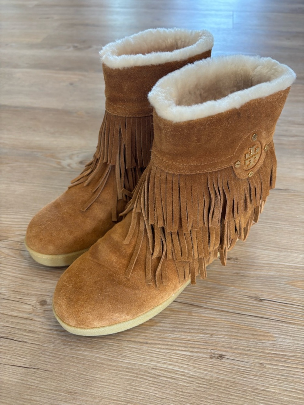 Tory Burch Tan Suede Fringe Shearling Booties